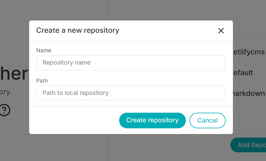 Create new repository modal